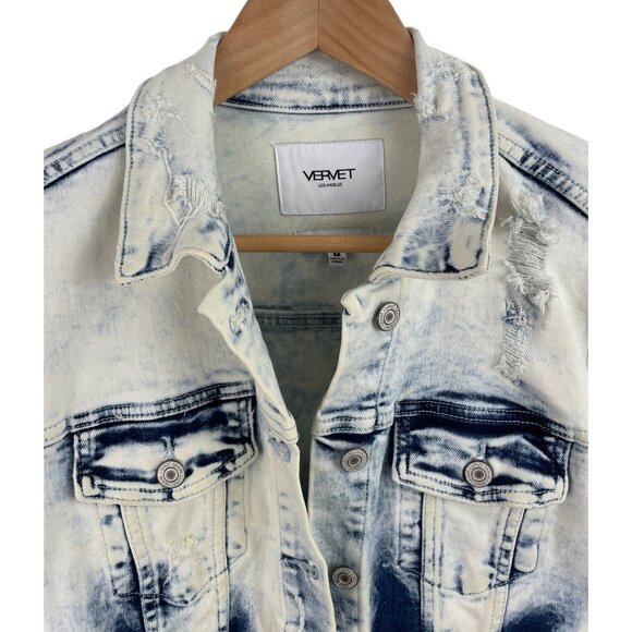 Vervet Flying Monkey Womens Size M Cropped Denim Jean Jacket Dyed Bleach Wash - Picture 3 of 11